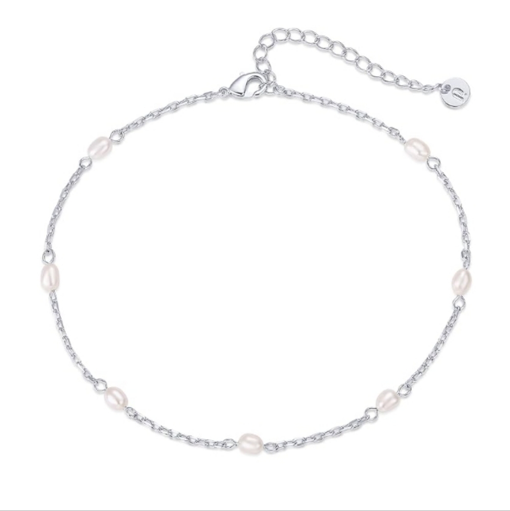 14K Gold Plated Charm Link Chain Pearl Adjustable Anklet In White Gold